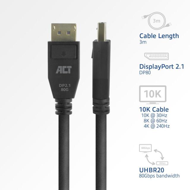 ACT Кабел Display port 2.1 мъжко - HDMI-A мъжко, 3м, черен, булк опаковка