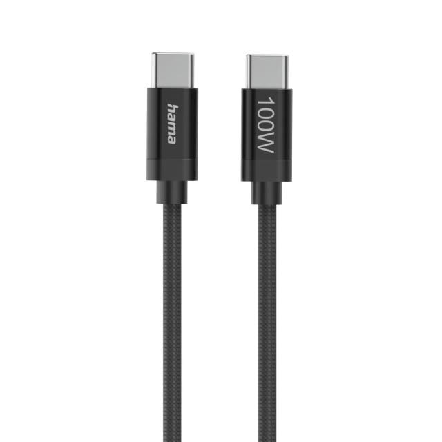 Кабел Hama за зареждане, "Fabric", USB Type-C към USB Type-C, 100 W, 1.5 m, Nylon, black