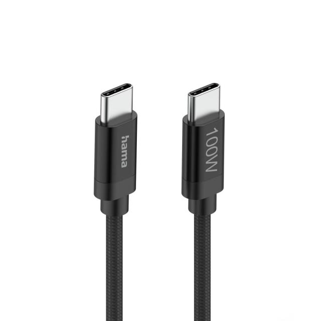 Кабел Hama за зареждане, "Fabric", USB Type-C към USB Type-C, 100 W, 1.5 m, Nylon, black