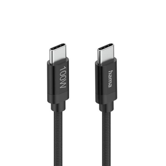 Кабел Hama за зареждане, "Fabric", USB Type-C към USB Type-C, 100 W, 1.5 m, Nylon, black