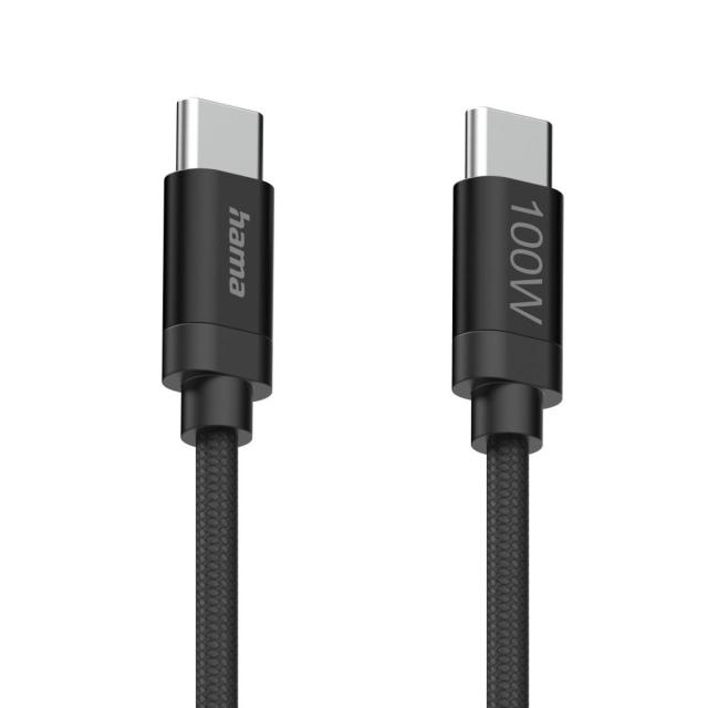 Кабел Hama за зареждане, "Fabric", USB Type-C към USB Type-C, 100 W, 1.5 m, Nylon, black