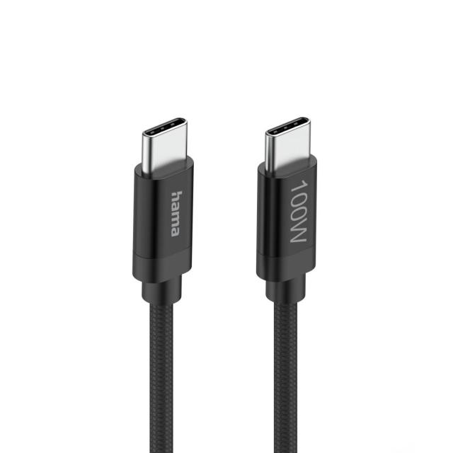 Кабел Hama за зареждане, "Fabric", USB Type-C към USB Type-C, 100 W, 1.5 m, Nylon, black