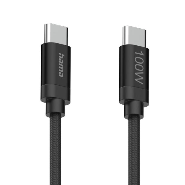Кабел Hama за зареждане, "Fabric", USB Type-C към USB Type-C, 100 W, 1.5 m, Nylon, black