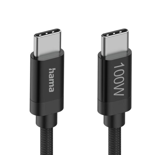 Кабел Hama за зареждане, "Fabric", USB Type-C към USB Type-C, 100 W, 1.5 m, Nylon, black