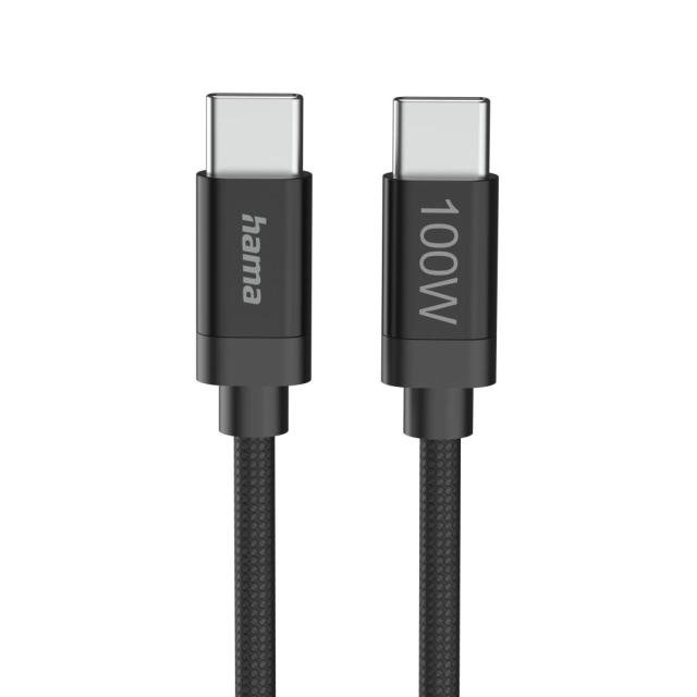 Кабел Hama за зареждане, "Fabric", USB Type-C към USB Type-C, 100 W, 3 m, Nylon, black
