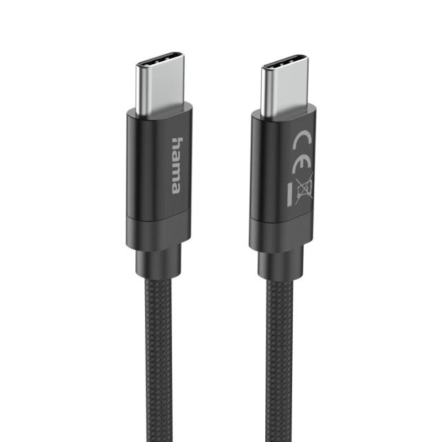 Кабел Hama за зареждане, "Fabric", USB Type-C към USB Type-C, 100 W, 3 m, Nylon, black