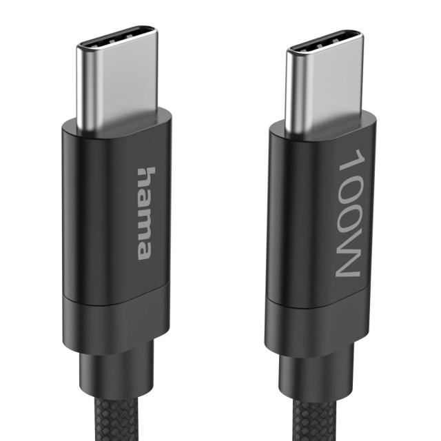 Кабел Hama за зареждане, "Fabric", USB Type-C към USB Type-C, 100 W, 3 m, Nylon, black