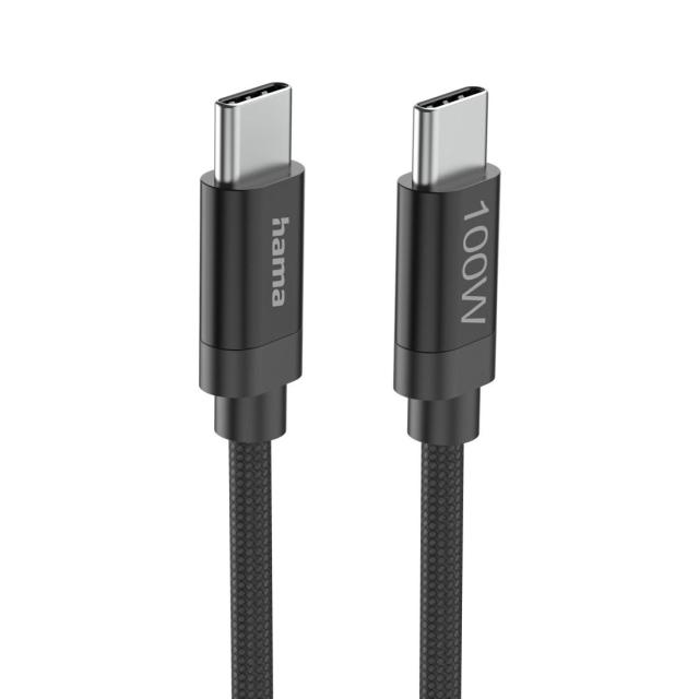 Кабел Hama за зареждане, "Fabric", USB Type-C към USB Type-C, 100 W, 3 m, Nylon, black