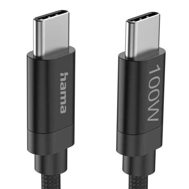 Кабел Hama за зареждане, "Fabric", USB Type-C към USB Type-C, 100 W, 3 m, Nylon, black