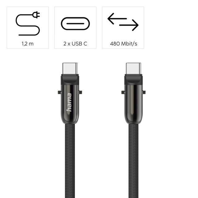 Кабел Hama за зареждане, 2 в 1 с връзка за телефон, USB Type-C към USB Type-C, 1.2 m, черен
