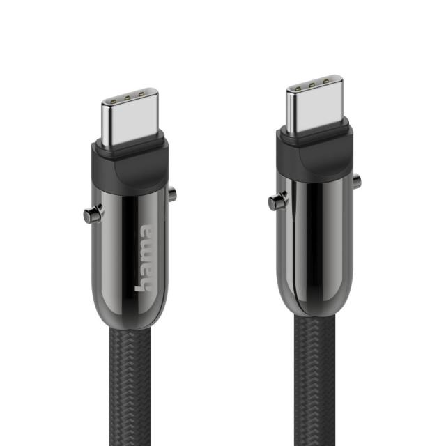 Кабел Hama за зареждане, 2 в 1 с връзка за телефон, USB Type-C към USB Type-C, 1.2 m, черен