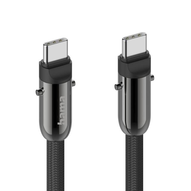 Кабел Hama за зареждане, 2 в 1 с връзка за телефон, USB Type-C към USB Type-C, 1.2 m, черен