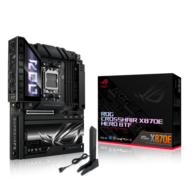 Дънна платка ASUS ROG CROSSHAIR X870E-E HERO BTF WIFI, AM5, 4x DDR5, PCIe 5.0, 5 x M.2 slots, 4 x SATA 6Gb/s, 2x 1 x Ethernet, ATX