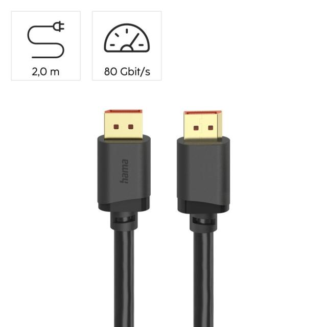 Кабел HAMA DisplayPort(м) към DisplayPort(м) 2.1, Ultra-HD 16K, 80 Gbit/s, 2 m