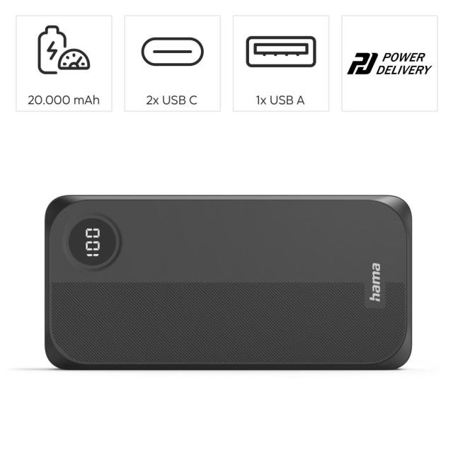 HAMA Външна батерия 20000 mAh, 3 изхода: 2 x USB-C, 1 x USB-A, черна