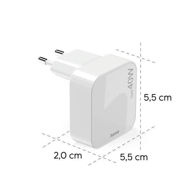 HAMA Бързо мини зарядно GaN, 2 x USB-C, PD, 40 W, сгъващ се адаптер, бял