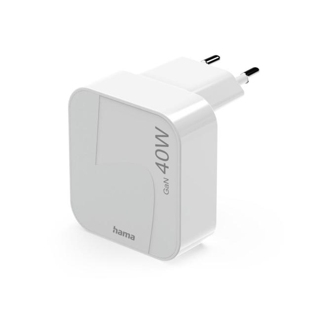 HAMA Бързо мини зарядно GaN, 2 x USB-C, PD, 40 W, сгъващ се адаптер, бял