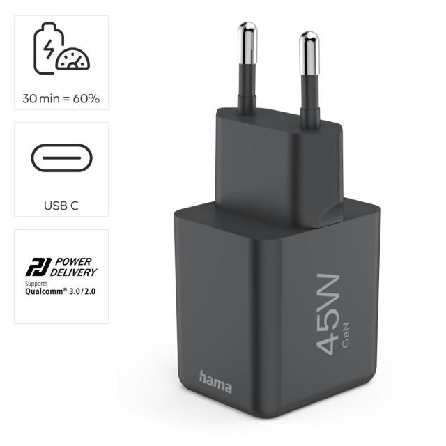 HAMA Бързо мини зарядно GaN, USB-C, PD, 45 W, черно