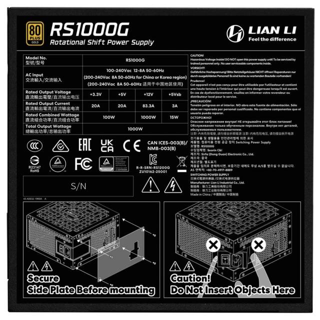 Захранване Lian Li RS1000G Black, 1000W, Active PFC, PCIe 5.1/ATX 3.1, 80 PLUS Gold, Fully Modular