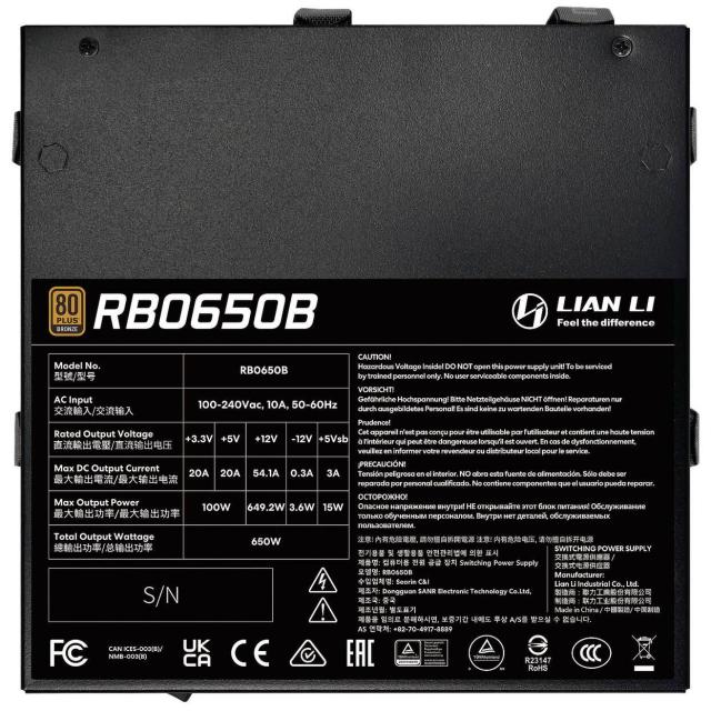 Захранване Lian Li RB650B Black, 650W, Active PFC, PCIe 5.1/ATX 3.1, 80 PLUS Bronze