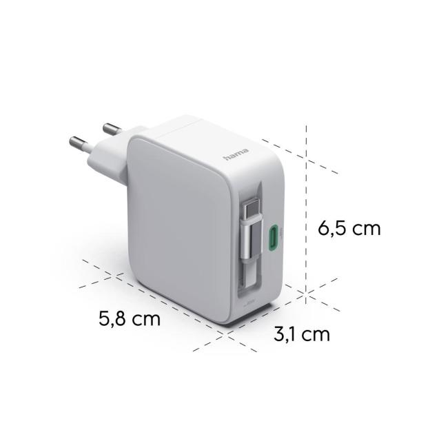 HAMA Бързо зарядно, 65W, GaN, 2x USB-C, с разтегателен кабел 0.7м.