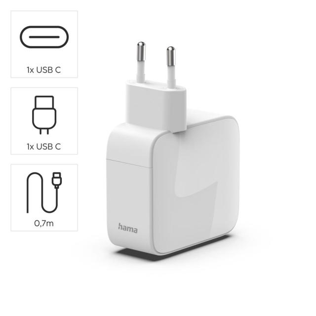 HAMA Бързо зарядно, 65W, GaN, 2x USB-C, с разтегателен кабел 0.7м.