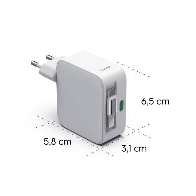 HAMA Бързо зарядно, 30 W, GaN, 2x USB-C, с разтегателен кабел 0.7м, бял