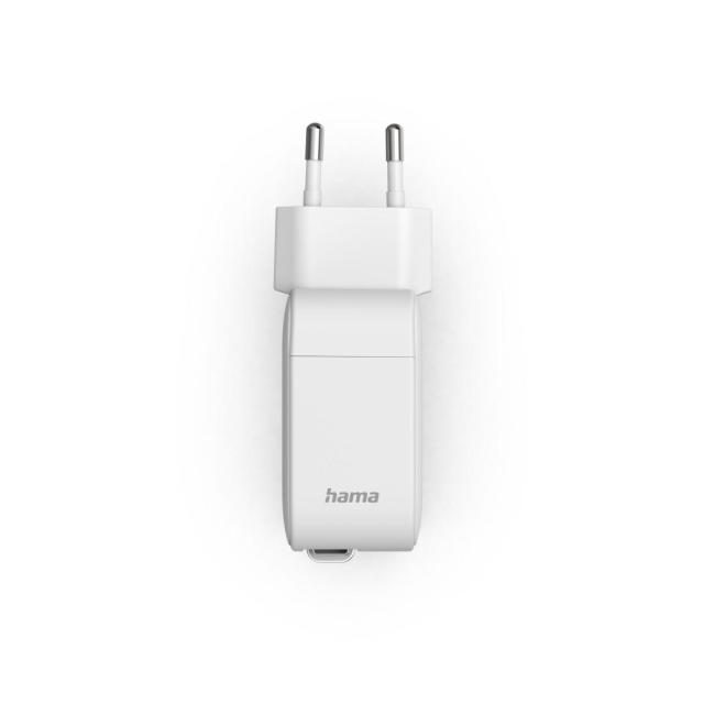HAMA Бързо зарядно, 30 W, GaN, 2x USB-C, с разтегателен кабел 0.7м, бял