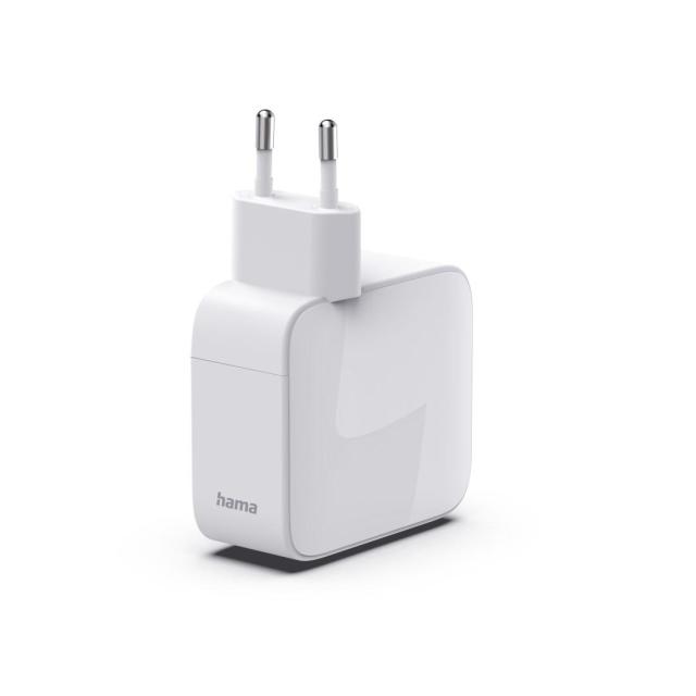 HAMA Бързо зарядно, 30 W, GaN, 2x USB-C, с разтегателен кабел 0.7м, бял