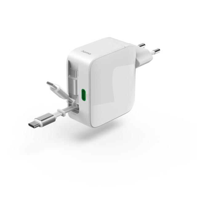 HAMA Бързо зарядно, 30 W, GaN, 2x USB-C, с разтегателен кабел 0.7м, бял