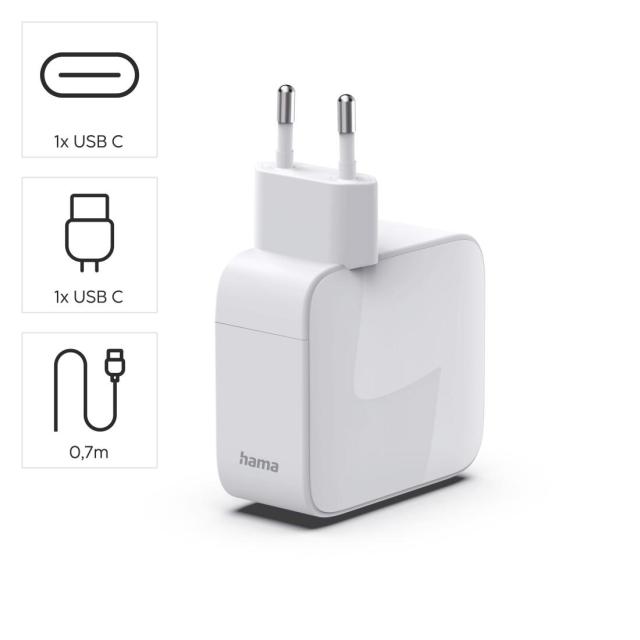 HAMA Бързо зарядно, 30 W, GaN, 2x USB-C, с разтегателен кабел 0.7м, бял