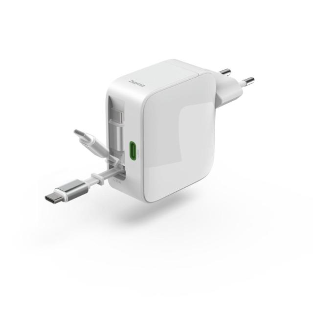HAMA Бързо зарядно, 30 W, GaN, 2x USB-C, с разтегателен кабел 0.7м, бял