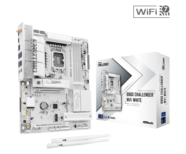 Дънна платка ASRock B860 Challenger White WIFI 7, LGA1851, 4 x DDR5, 3 x M.2 NVMe, 4 x SATA 6Gb/s, HDMI, ATX