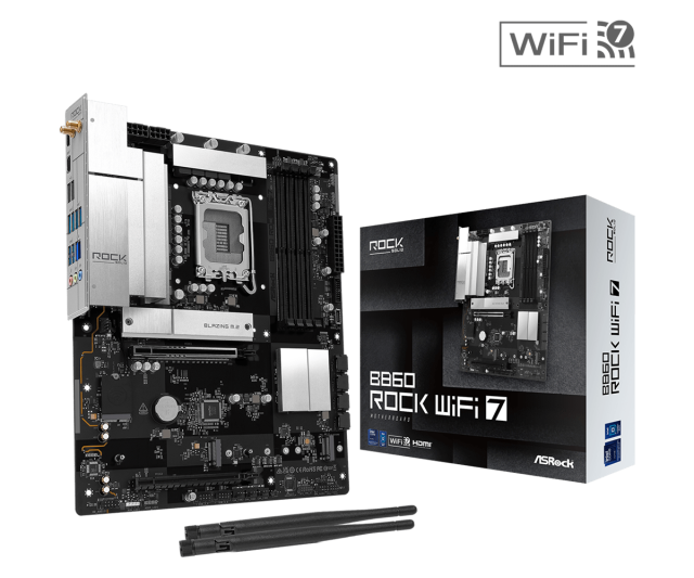 Дънна платка ASRock B860 Rock WIFI 7, LGA1851, 4 x DDR5, 3 x M.2 NVMe, 4 x SATA 6Gb/s, HDMI, ATX