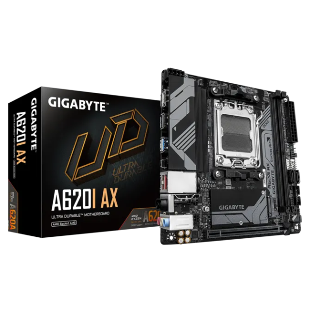 Дънна платка GIGABYTE A620I AX, AM5, 2x DDR5, 2x M2, 2x SATA 6Gb/s, Wi-Fi 6E_BT5.3, HDMi, DP, Mini-ITX