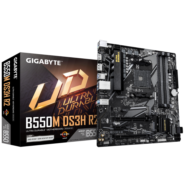 Дънна платка GIGABYTE B550M DS3H R2, AM4, 4x DDR4, 2x M.2, 4x SATA 6Gb/s, 1x HDMI, 1x DisplayPort, Micro ATX