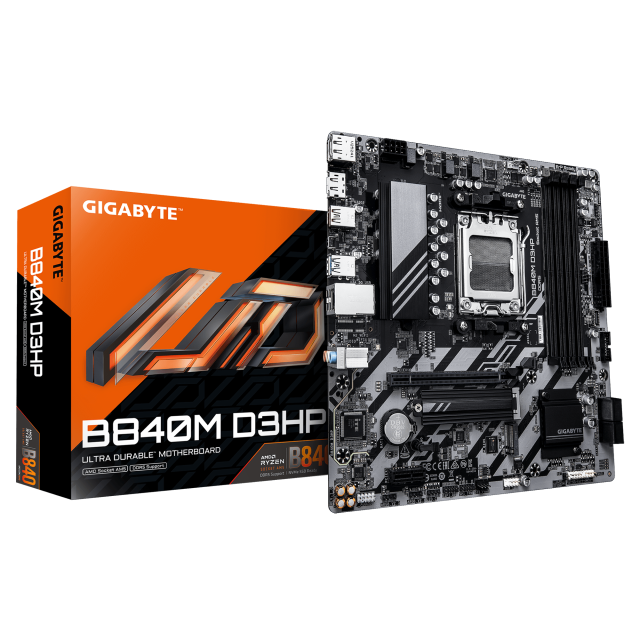 Дънна платка GIGABYTE B840M D3HP, AM5, 4x DDR5, 2x M.2 Socket 3, 4x SATA 6Gb/s,  1x HDMI, 2x DisplayPorts, Micro ATX