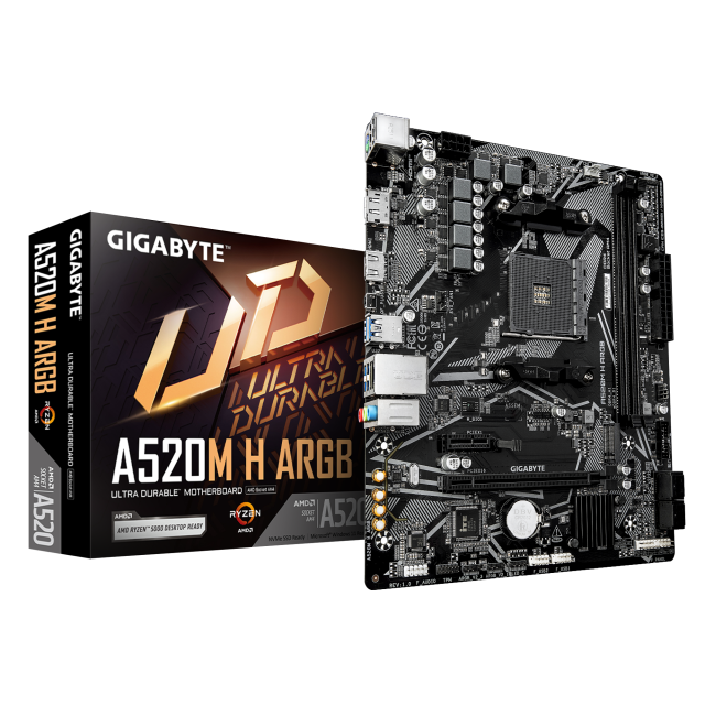 Дънна платка GIGABYTE A520M H ARGB, AM4, 2 x DDR4, 1 x M.2, 4 x SATA 6Gb/s, HDMI, DisplayPort, Micro ATX
