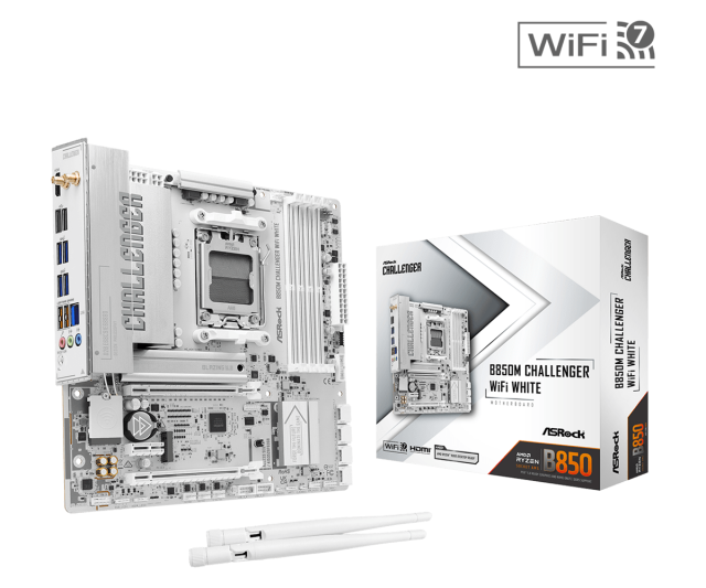 Дънна платка ASRock B850M CHALLENGER WIFI WHITE, AM5, 4x DDR5, 2x M.2 NVMe, 4x SATA 6Gb/s, Wi-Fi 7+BT, HDMI, Micro ATX