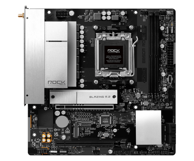 Дънна платка ASRock B850M ROCK WIFI, AM5, 2x DDR5, 2x M.2 NVMe, 4x SATA 6Gb/s, Wi-Fi 6E+BT, HDMI, DisplayPort, Micro ATX