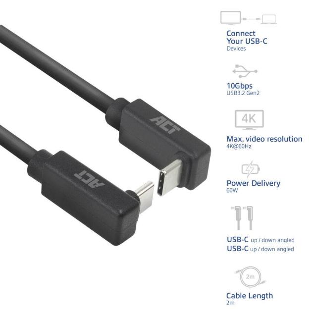 Кабел ACT USB Type-C към USB Type-C-C, 10Gbps 60W, 90° ъглов, 2m
