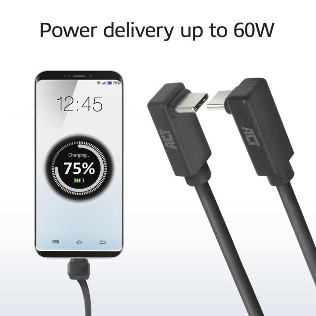 Кабел ACT USB Type-C към USB Type-C-C, 10Gbps 60W, 90° ъглов, 2m