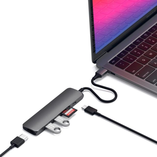 Адаптер Satechi TYPE-C Slim Multimedia Adapter V2, USB-C port, micro/SD card reader, USB-C Power Delivery (PD max 60W output, no video), 4K HDMI , USB 3.0 ports, Space Gray