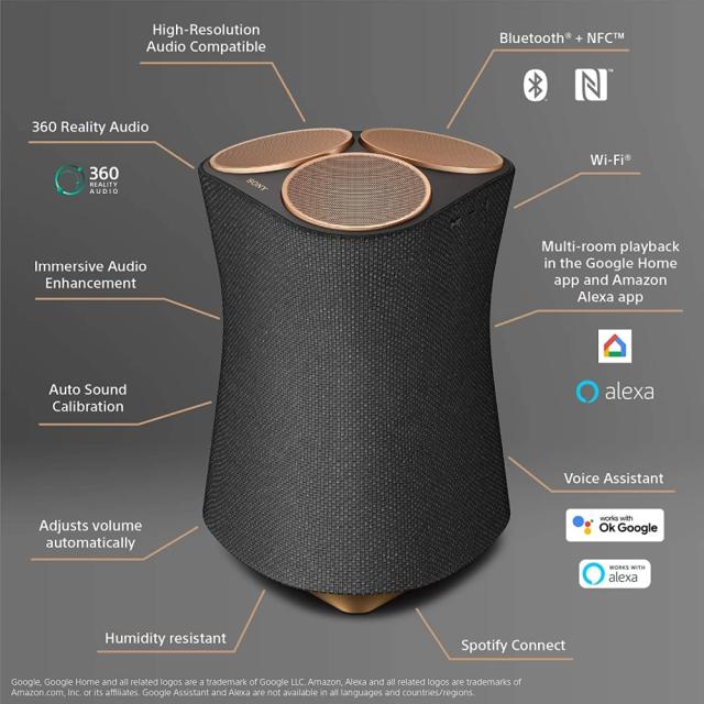 Тонколона Sony SRS-RA5000, Bluetooth, WiFi, 360 REALITY AUDIO, сива