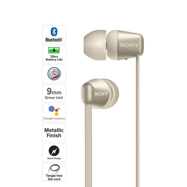 Слушалки Sony WI-C310, безжични, Bluetooth, микрофон, тип "тапи", Златисти