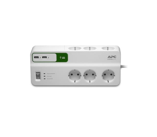 Разклонител APC Essential SurgeArrest 6, 6 гнезда, 5V, 2.4A 2 x USB, Бутон вкл/изкл, 1.8m