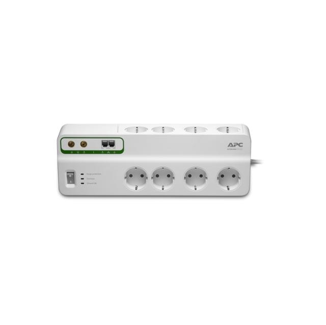 Разклонител APC Performance SurgeArrest 8, 8 гнезда, Бутон вкл/изкл, 2 x RJ-11, 230V, 3.0m, Бял