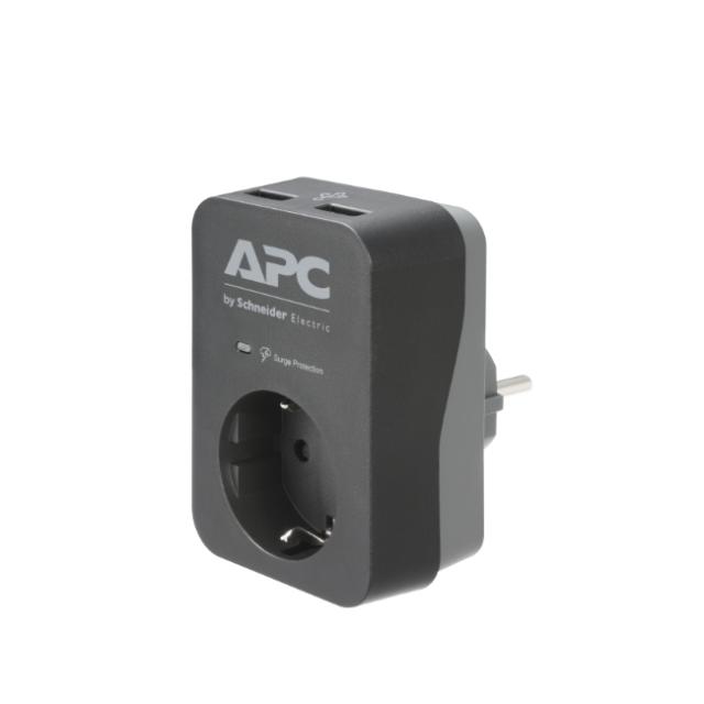 Разклонител APC Essential SurgeArrest (PME1WU2B-GR), 1 гнездо, 2x USB, защита от токови удари, Черен