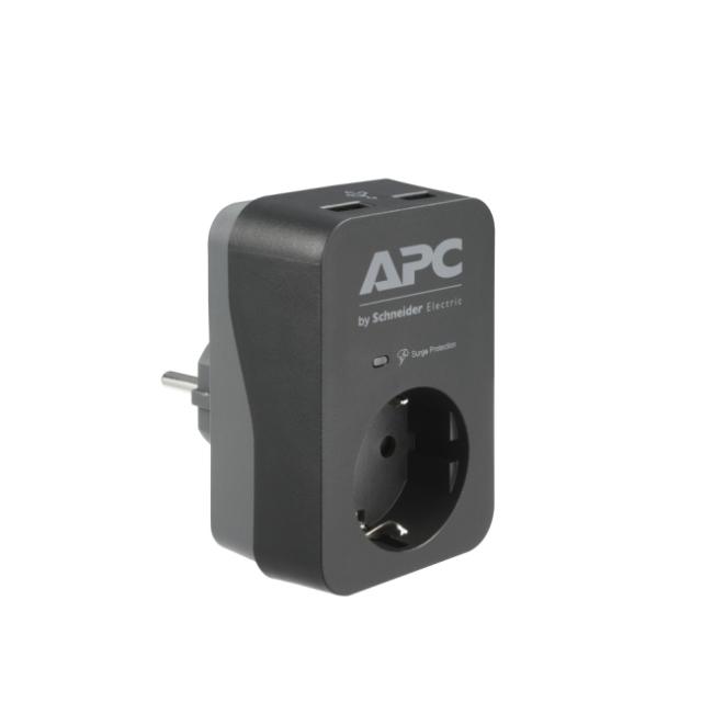 Разклонител APC Essential SurgeArrest (PME1WU2B-GR), 1 гнездо, 2x USB, защита от токови удари, Черен