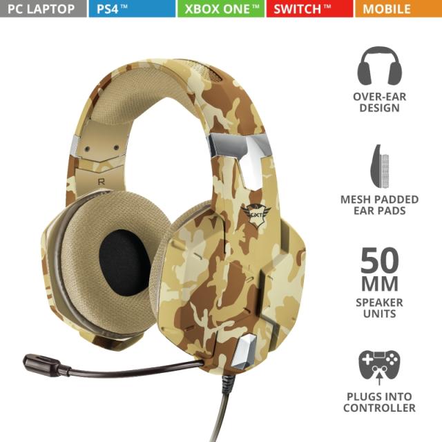 Слушалки TRUST GXT 322D Carus Gaming Headset - desert camo